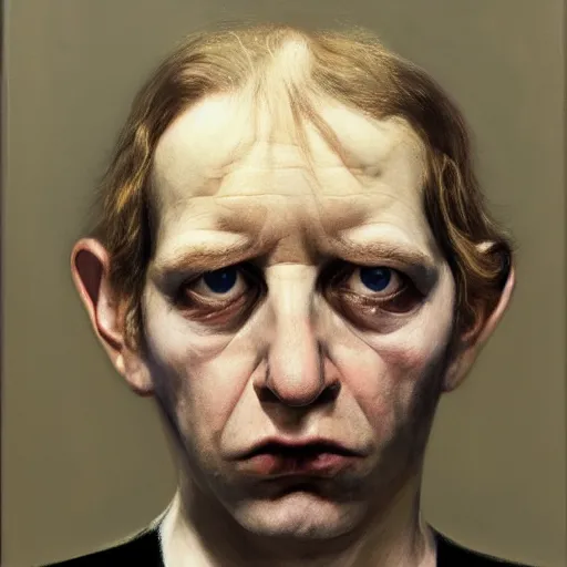 Image similar to high quality high detail painting by gottfried helnwein and lucian freud, hd, portrait of a dangerous psychopath, intense demonic look in the eyes, photorealistic lighting