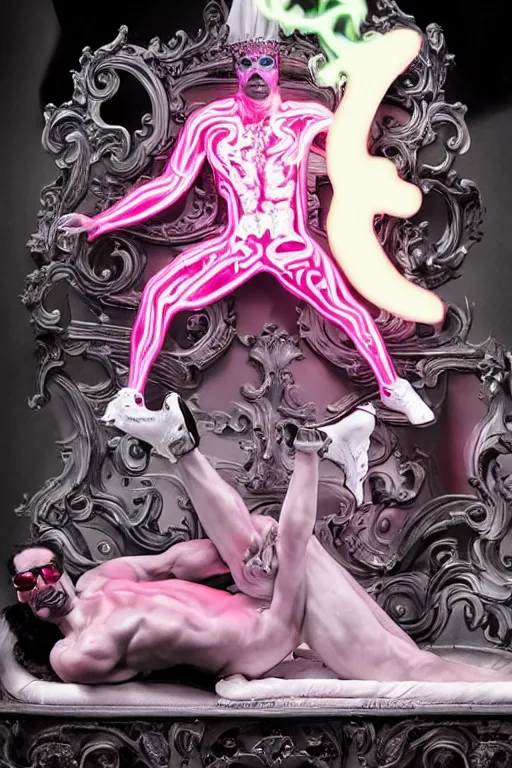 Prompt: full-body rococo and cyberpunk style neon statue of a muscular attractive Jason Baldoni wearing cholo shades macho dotado e rico android sim roupa reclining con las piernas abertas e la piroca dura, ethereal white dripping tar, glowing white lasers, pink tigers, glowing eyes, silver prince crown, black gears, pink diamonds, swirling mint-colored silk fabric. futuristic elements. full-length view. human skulls. large intricate artwork by caravaggio. Trending on artstation, octane render, cinematic lighting from the right, hyper realism, octane render, 8k, depth of field, 3D