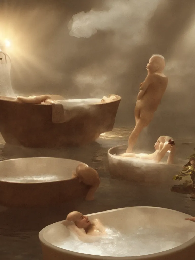 Image similar to steaming bath in a clubfoot bathtub by disney concept artists, blunt borders, rule of thirds, golden ratio, godly light