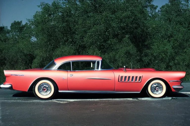 Image similar to 1955 Pontiac Firebird, movie still, speed, cinematic Eastman 5384 film