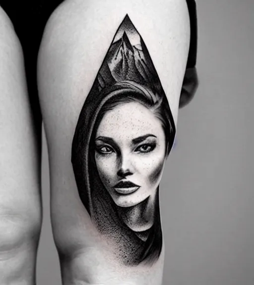 Prompt: beautiful mountain scenery with a beautiful woman face, amazing blend effect, tattoo design sketch, hyper - realistic, in the style of matteo pasqualin, amazing detail, black and white