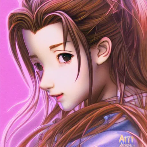 Prompt: pouting Aerith Gainsborough close-up portrait looking straight on, complex artistic color ink pen sketch illustration, full detail, gentle shadowing, fully immersive reflections and particle effects, chromatic aberration, art by Artgerm