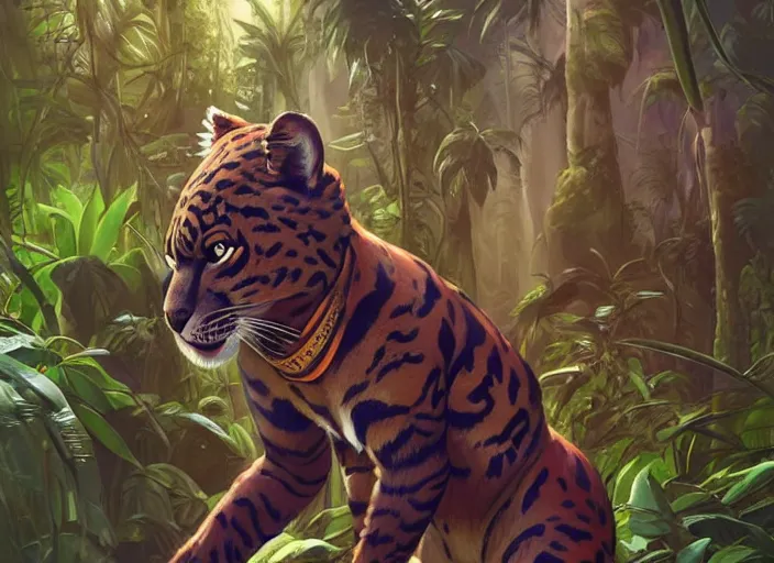 Prompt: character portrait feature of the anthro male anthropomorphic jungle cat jaguar fursona animal person wearing shaman outfit robes belt standing in the amazon rainforest, character design stylized by charlie bowater, ross tran, artgerm, makoto shinkai, detailed, soft lighting, rendered in octane