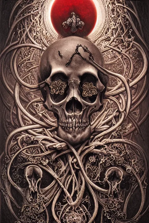 Prompt: detailed realistic memento mori lithograph, red smoke and ash, mixture of life and death, by cameron gray and ernst haeckel and beksinski, gothic ornament, skulls, bones, art nouveau, neogothic, ornate botanicals, symmetry, polished, artstation