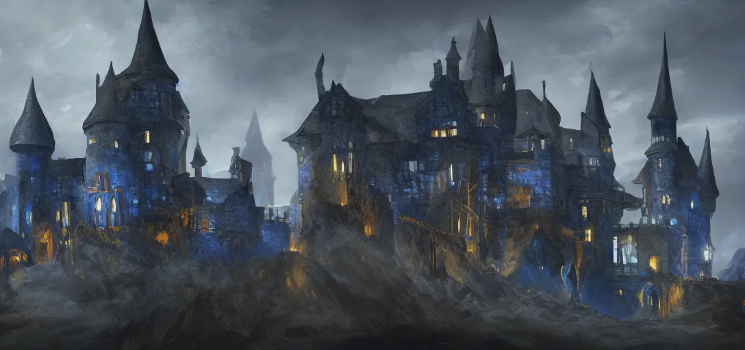 Image similar to A digital concept art painting of a dark blue medieval fantasy european ghotic castle with black brick in desert, 4K UHD image, unreal engine