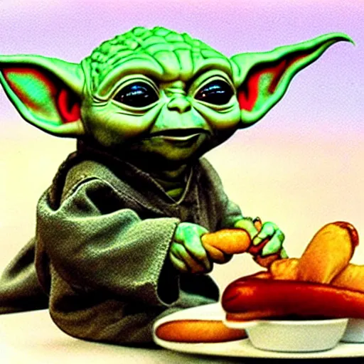 Image similar to hyper realistic baby Yoda eating hot-dog,detalied,