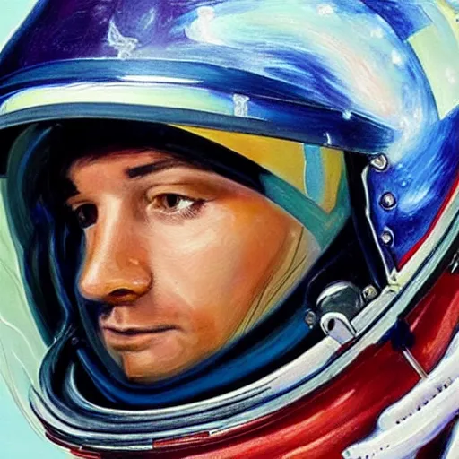 Image similar to a close up painting of an astronaut floating in space. his helmet visor is dark and reflective. you can see the reflection of flowers in his helmet visor.