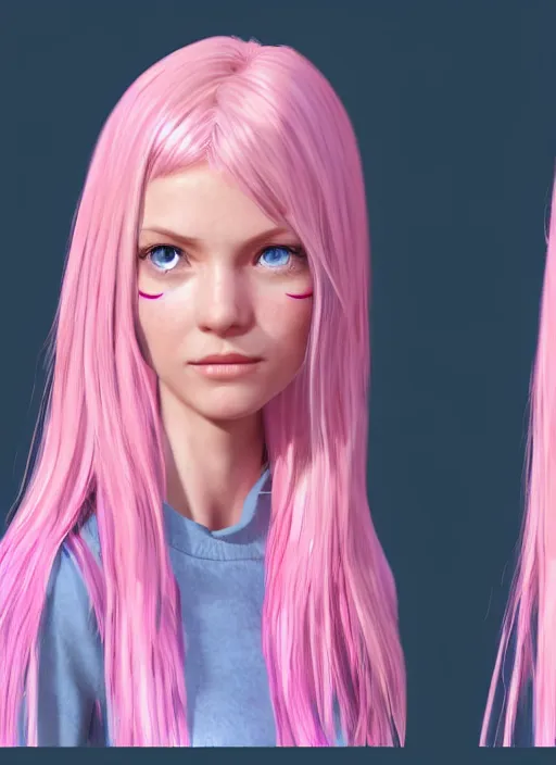 3D model pink long hair VR / AR / low-poly