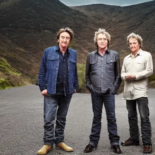 Image similar to richard hammond, james may and jeremy clarkson presenting top gear