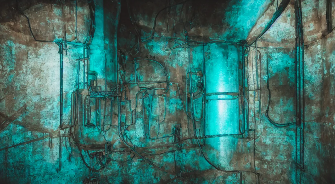 Image similar to deep dark underwater interior inside a water tank water tower claustrophobic confined space teal metal volumetric lighting photography footage