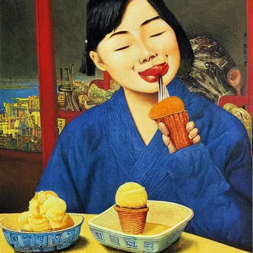 Image similar to happy chinese woman eating icecream in a painting by max ernst