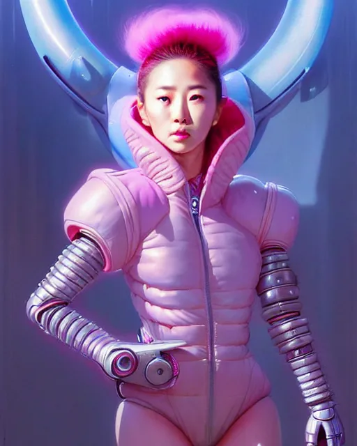 Prompt: beautiful fantasy character portrait, roseanne park, wearing pink puffy bomber jacket with leotard, futuristic robots, ultra realistic, dramatic lighting, robots, the fifth element artifacts, highly detailed by peter mohrbacher, hajime sorayama, wayne barlowe, boris vallejo, aaron horkey, gaston bussiere, craig mullins