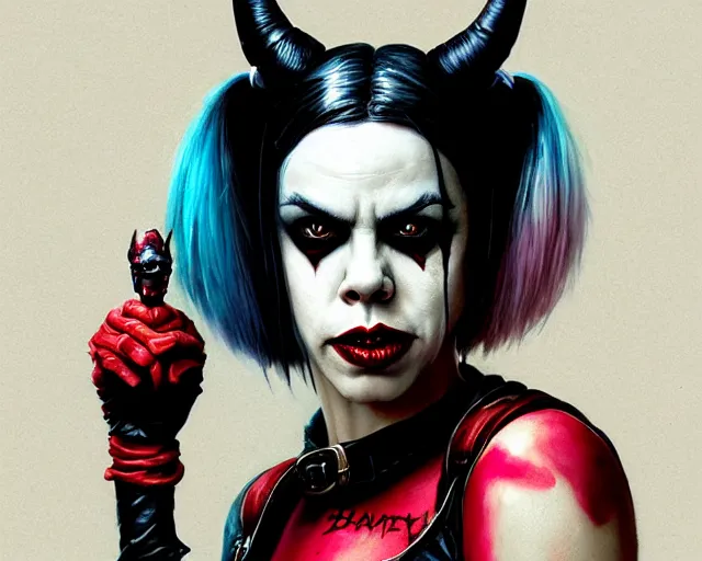 Image similar to highly detailed portrait of fairuza balk carter as harley quinn, in batman : arkham knight, stephen bliss, unreal engine, fantasy art by greg rutkowski, loish, rhads, ferdinand knab, makoto shinkai and lois van baarle, ilya kuvshinov, rossdraws, tom bagshaw, global illumination, radiant light, detailed and intricate environment