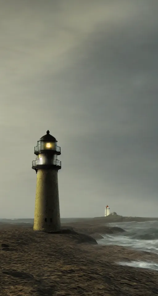 Prompt: wide - shot of lighthouse on the sand seashore, waves, misty background, from the game pathologic 2, highly detailed, sharp focus, matte painting, by isaac levitan and asher brown durand,