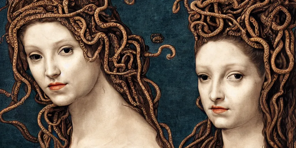 Prompt: realistic portrait of a beautiful medusa with her snakes in the hair, 1450, ink, ultra realistic, 8k