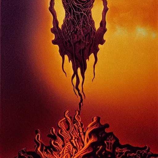 Image similar to symmetrical tarot card, the biomechanical elder god, Zdzisław Beksiński art, figure silhouetted by burning sun, detailed, intricate, elegant, cgsociety, haunting, luxurious, ominous, matte painting, cinematic, Yoshitaka Amano, horizontally symmetrical, Wayne Barlowe