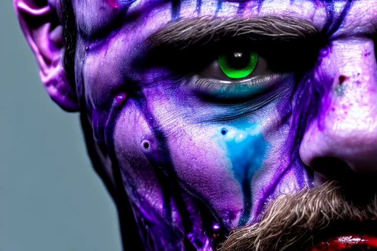 Prompt: dark zombified violet human with highly detailed blue and red jewels laid in his skin. realistic human blue eyes. neutral facial expression, no blood. head and shoulders'shot. dark background is an organic rainforest. digital art. 4 k octane render.