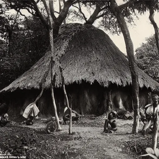 Prompt: a 1905 colonial photograph of an African village hut with natives around a giant tree draped in slime on the banks of the river Congo , Thick jungle,scary, evil looking, wide angle shot