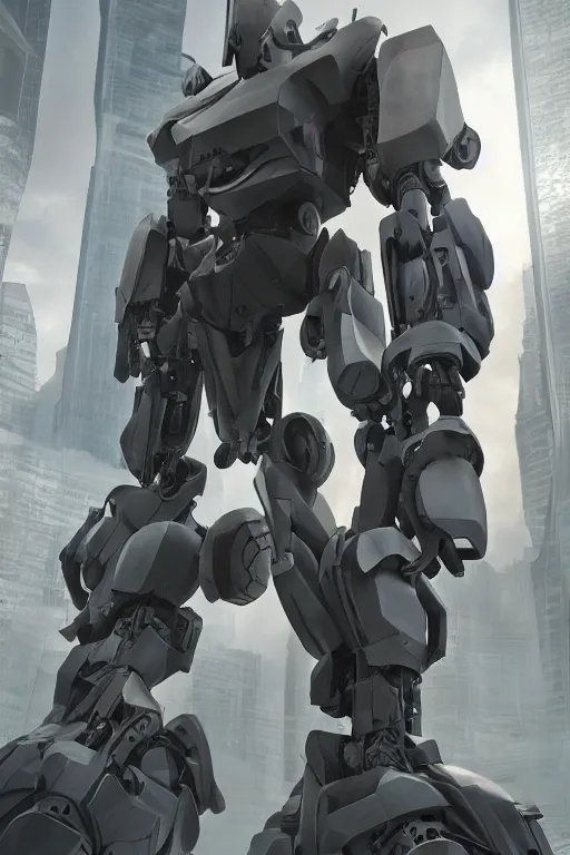 Image similar to professional landscape photograph of a large beautiful neo - futuristic matte symmetrical mechangel mecha next to monolith by joseph cross, denis villeneuve, emmanuel shiu, zaha hadid, vapor, stunning cinematic architectural scale, manga, dramatic, volumetric, concept art, hard surface, hyperrealism, very high detail, trending on artstation, sharp focus, rendered in octane