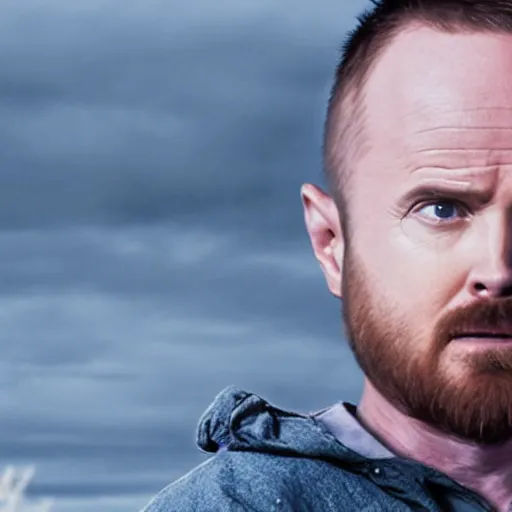 Prompt: Live Action Still of Aaron Paul dressed as and playing Walter White in Breaking Bad, real life, hyperrealistic, ultra realistic, realistic, highly detailed, epic, HD quality, 8k resolution, body and headshot, film still