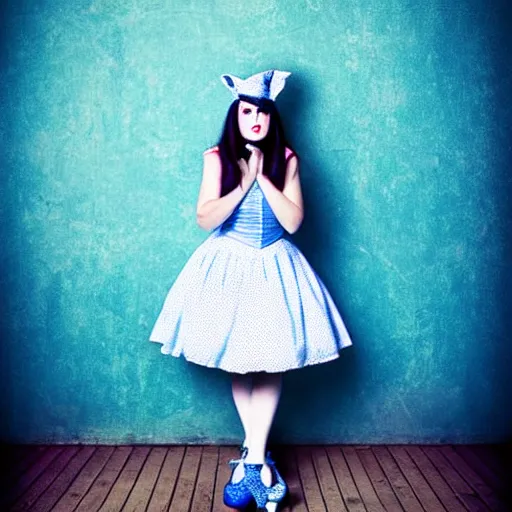 Prompt: beautiful full body portrait of cute alice in wonderland, middle aged, atmospheric, wearing strap shoes, blue white dress