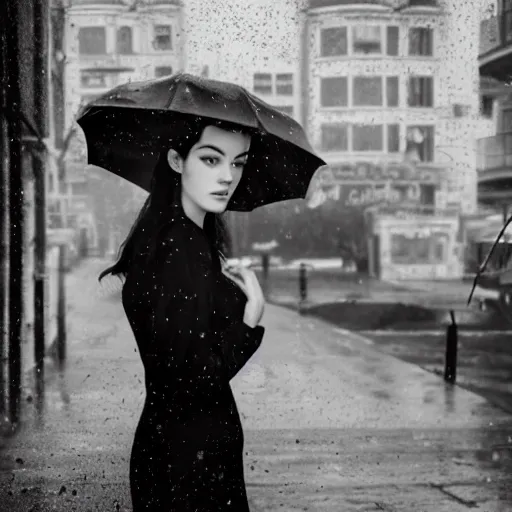 Prompt: stoya realistic expired kodak film full body portrait of an woman in street with an umbrella, hyperrealism, hypermaxiymalism, photorealistic, detailed, atmospheric, 8 k, award winning photography, cinematic