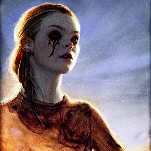 Prompt: Elle Fanning in the painted world of Dead Space, head and shoulders masterpiece, apocalypse, golden hour, cosmic horror, artstation, in the style of Andrew Wyeth and Edward Hopper and Bosch, extremely detailed