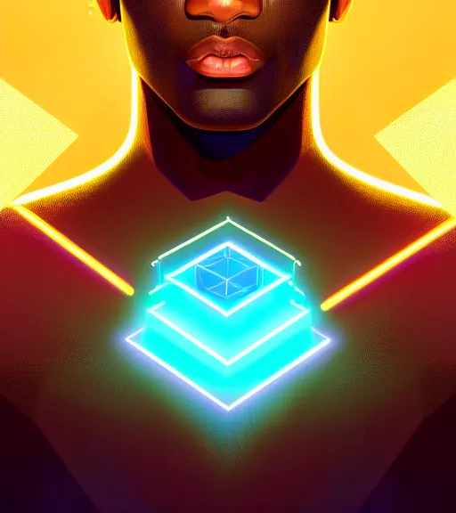 Image similar to symmetry!! egyptian prince of technology, solid cube of light, hard edges, product render retro - futuristic poster scifi, lasers and neon circuits, brown skin man egyptian prince, intricate, elegant, highly detailed, digital painting, artstation, concept art, smooth, sharp focus, illustration, dreamlike, art by artgerm