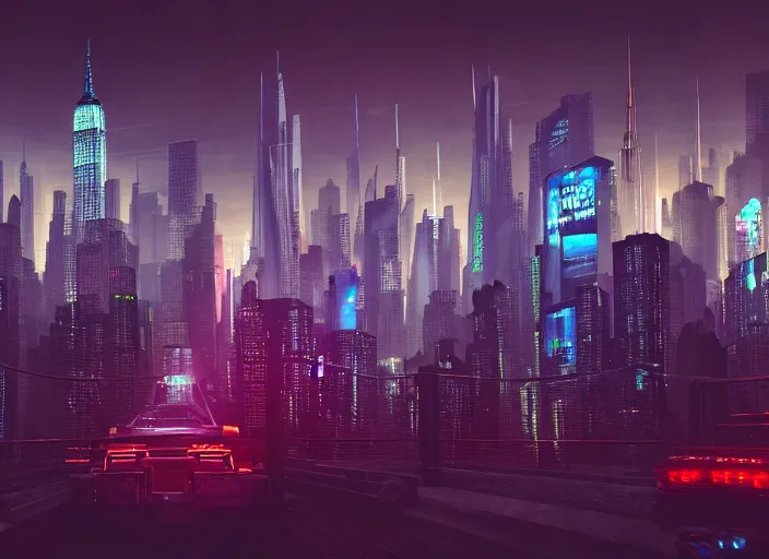 Image similar to cyberpunk scifi scene of new york skyline at night, drones flying, artstation, matt painting, very detailed, maximalism, ambient occlusion, volumetric light, atmospheric haze, unreal engine, hyper realism, realistic shading, cinematic composition, realistic render, octane render, detailed textures, photorealistic, wide shot