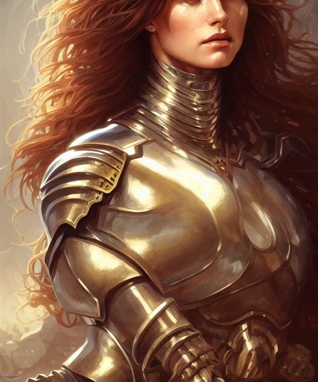 Image similar to Muscular and powerful medieval knight woman portrait, sci-fi, amber eyes, face, long hair, fantasy, intricate, elegant, highly detailed, digital painting, artstation, concept art, smooth, sharp focus, illustration, art by artgerm and greg rutkowski and alphonse mucha