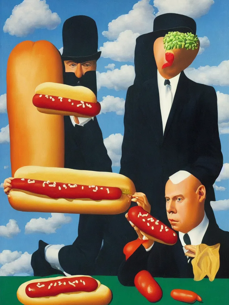 Prompt: Rene Magritte's Son Of Man painting with a hotdog blocking the face, but the man is a large hotdog in a suit and the hotdog has a man's face on it