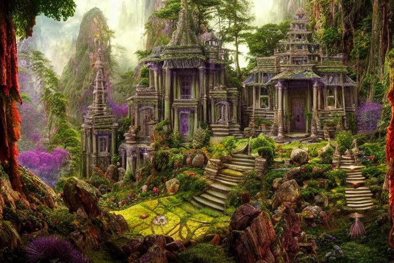 Image similar to a beautiful and highly detailed matte painting of a lost temple in a colorful garden mystical in a forest high in the mountains, psychedelic, celtic, intricate details, epic scale, insanely complex, 8 k, sharp focus, photorealism, artstation, cgsociety, by caspar friedrich, albert bierstadt, james gurney, brian froud,