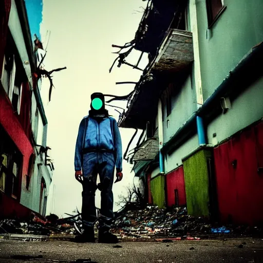 Prompt: A high quality colorful photo of a mysterious man with a gas mask standing in the middle of a staircase alley looking in the direction of the camera :: outside, blue sky visible :: ruined city with vegetation and trees growing everywhere on the destroyed buildings :: forest :: apocalyptic, gloomy, desolate :: long shot, low angle, dramatic backlight, symmetrical, night, slightly colorful photography :: cinematic shot, highly detailed