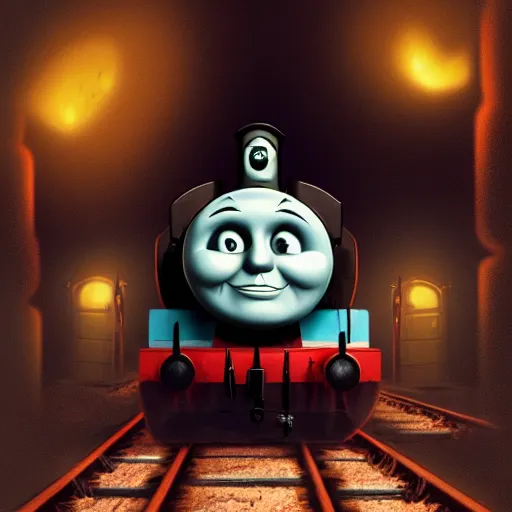 Prompt: gloomy and frightening thomas the engine goes straight to hell, artstation