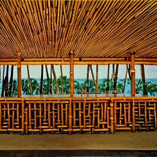 Image similar to mid century tiki bar empty with no people. bamboo. highly detailed retro 3 5 mm photo.