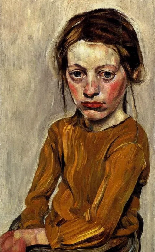 Prompt: Oil painting Portrait of a girl by Lucian Freud, Abstract brush strokes, Masterpiece