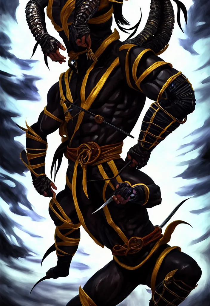 Image similar to full body, full figure portrait of hanzo hasashi scorpion from mortal kombat in the sky, full body shot, camera pulled back far, highly detailed dramatic lighting, artstation, atmospheric perspective, artgerm, mk ninja, epic ninja suit, intense contrast, 3 light sources, by lee bermejo, alphonse mucha and greg rutkowski