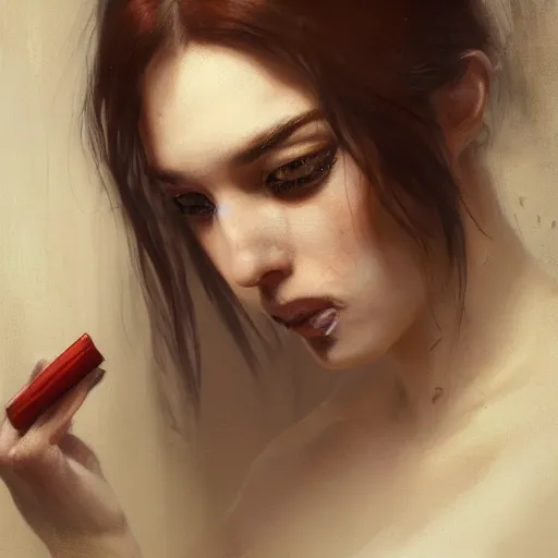 Prompt: Portrait of a melancholic woman, putting on her makeup in an unorthodox manner as heavy teardrops flow from her puffy, red eyes, illustrated by Greg Rutkowski and Gaston Bussiere, trending on artstation, 4k, 8k