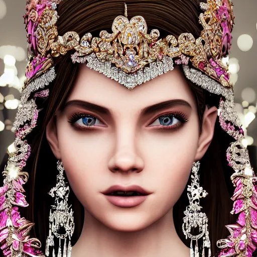 Image similar to portrait of pretty princess with perfect skin, glowing, ornate and intricate diamond jewelry, jaw dropping beauty, ornate and intricate backdrop, white accent lighting, hyper detailed, 4 k octane render