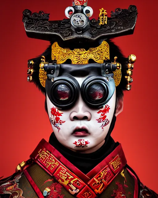 Image similar to photo of a Dramatic angry Peking Opera male character with painted face wearing MadMax style steampunk goggles and accessories in the style of stefan kostic, realistic, sharp focus, symmetric, 8k high definition, insanely detailed, intricate, elegant, art by stanley lau and artgerm, William-Adolphe Bouguereau