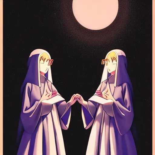 Image similar to two identical female nuns outside at night, viewed from above, clean detailed anime art