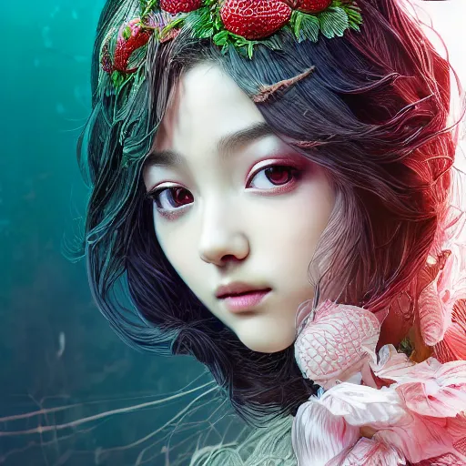 Image similar to the portrait of an absurdly beautiful, graceful, elegant, sophisticated, fashionable young gravure idol made of strawberries and white petals, an ultrafine hyperdetailed illustration by kim jung gi, irakli nadar, intricate linework, bright colors, octopath traveler, final fantasy, unreal engine 5 highly rendered, global illumination, radiant light, detailed and intricate environment