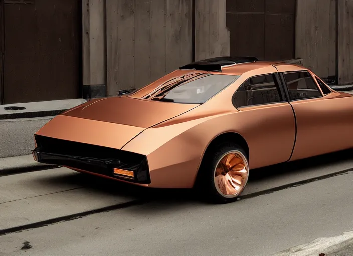 Image similar to wide view shot of a copper colored car with some black and white paint, designed by dmc and gmc, style by john berky and liam wong and michael whelan.