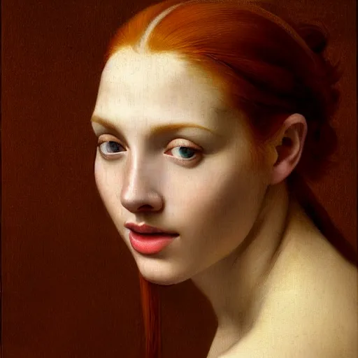 Image similar to portrait of a red haired woman, long hair, green eyes, hint of freckles, beautiful round face, soft amazed smiles, among golden fireflies, highly detailed, deep focus, elegant, digital painting, smooth, sharp focus, golden ratio, dramatic illumination, ultra realistic, 8 k, art by artemisia lomi gentileschi and caravaggio