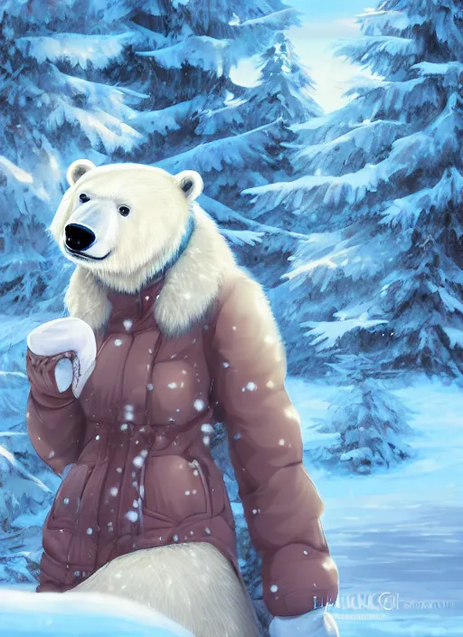 Image similar to character portrait of a female anthro polar bear fursona and a cute beautiful attractive detailed furry face wearing stylish cute winter clothes in a cozy winter cabin. hidari, color page, tankoban, 4K, tone mapping, Akihiko Yoshida.