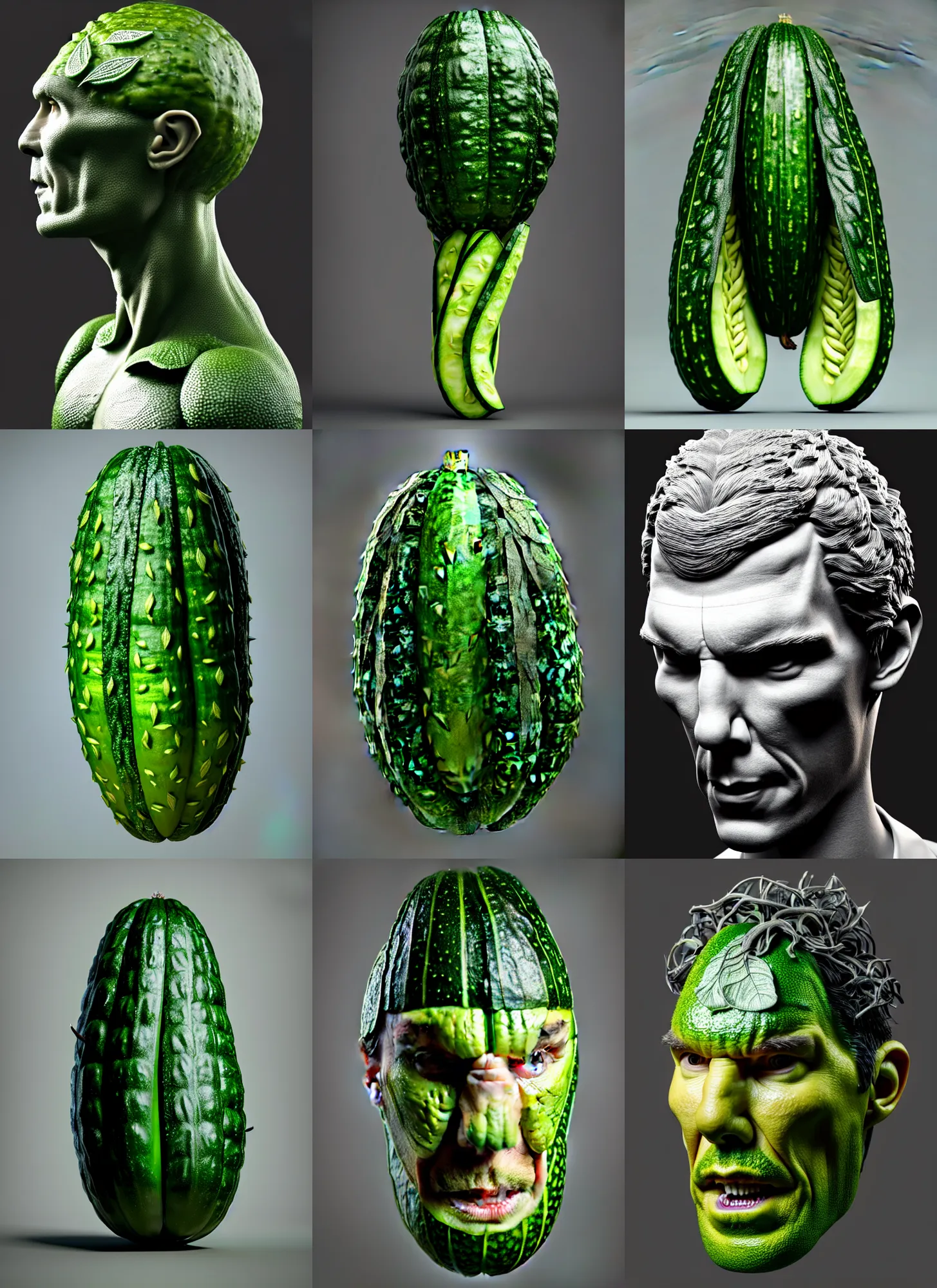 Prompt: hyperdetailed ultra sharp 3 d render of benedict cumberbatch merged with a cucumber, medium fine shot portrait, ef 8 5 mm f 1. 8 usm, bionic scifi alexandre ferra, magnolia goliath head ornaments, embroidered leaves sinuous roots, octane render, volumetric cinematic lighting, 8 k, vray tracing, no dof, no blur