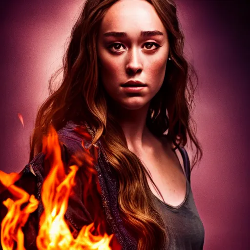 Prompt: portrait of alycia debnam carey as a pyromancer , aruze colour aura, dreamwalker, EOS R5, f/2.8, HDR, studio light, medium close shot, dynamic pose, award winning photograph, Michelangelo style