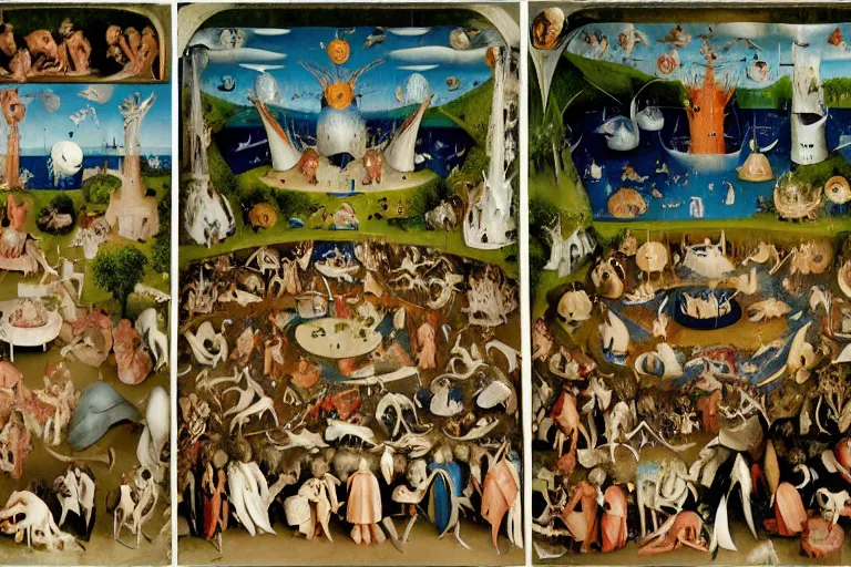 Prompt: hieronymus bosch garden of earthly delights, diorama, panorama