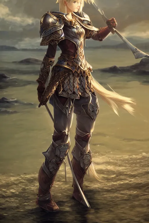 Prompt: A full body portrait of a female paladin beside a lake, blonde hair, Akihiko Yoshida, concept art, very detailed, tone mapping, matte