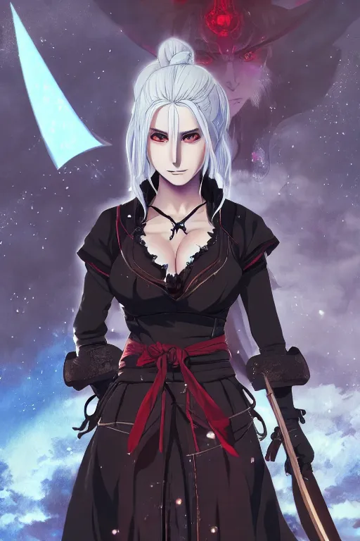 Image similar to anime portrait of demon ciri from the witcher dressed as a samurai, in the background you can see the universe. official art, key visual, studio lightning, very detailed bd cover, Studio Ghibli, hyperrealistic, artstation, caustics, trending on Artstation, 8K, octane renderer, rtx on